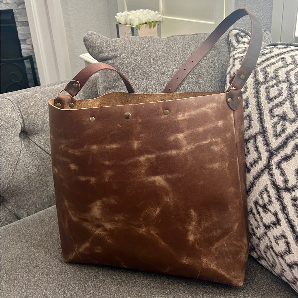 In Blue leather Tote Bag